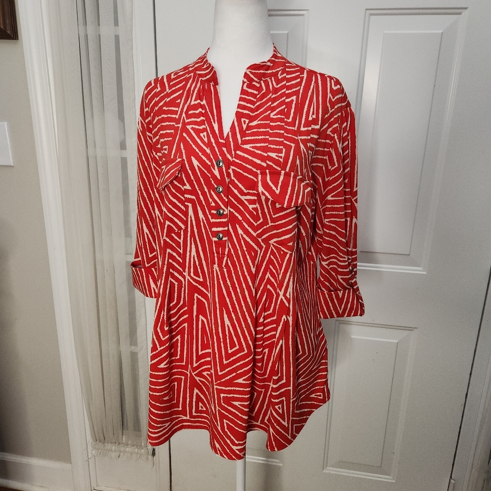 New Directions Red and Cream Geometric Roll Up Sleeves Top Plus Size 1X